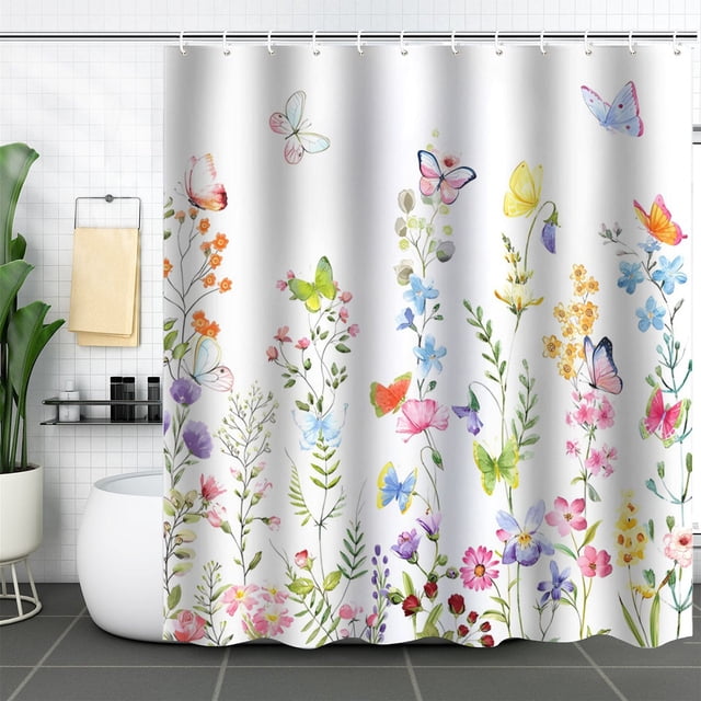 Polyester Shower Curtain with Hooks, Water-Repellent Floral Printed Bathroom Decor, Multicolor, 180x180 cm (12 Hooks Included)
