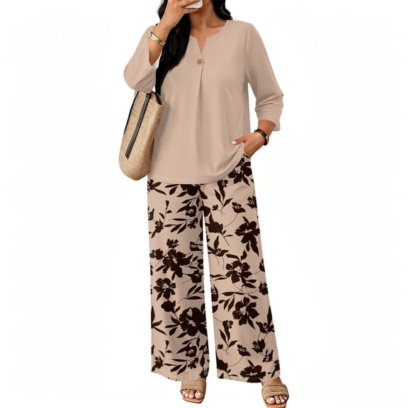 Two Piece Sets for Women Lounge 3/4 Length Sleeve Womens Tops Graphic Pants with Pockets Summer Outfits