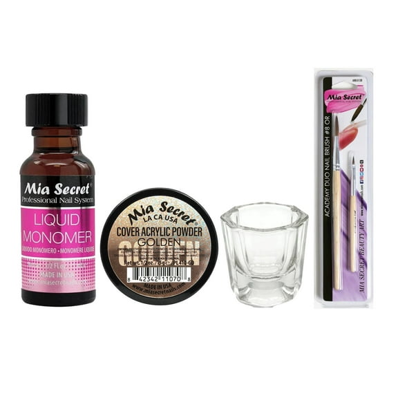Mia Secret - Liquid Monomer 0.5oz   Cover Acrylic Powder Golden 0.5oz   Dappen Dish   Academy Duo Nail Brush #8 - Combo