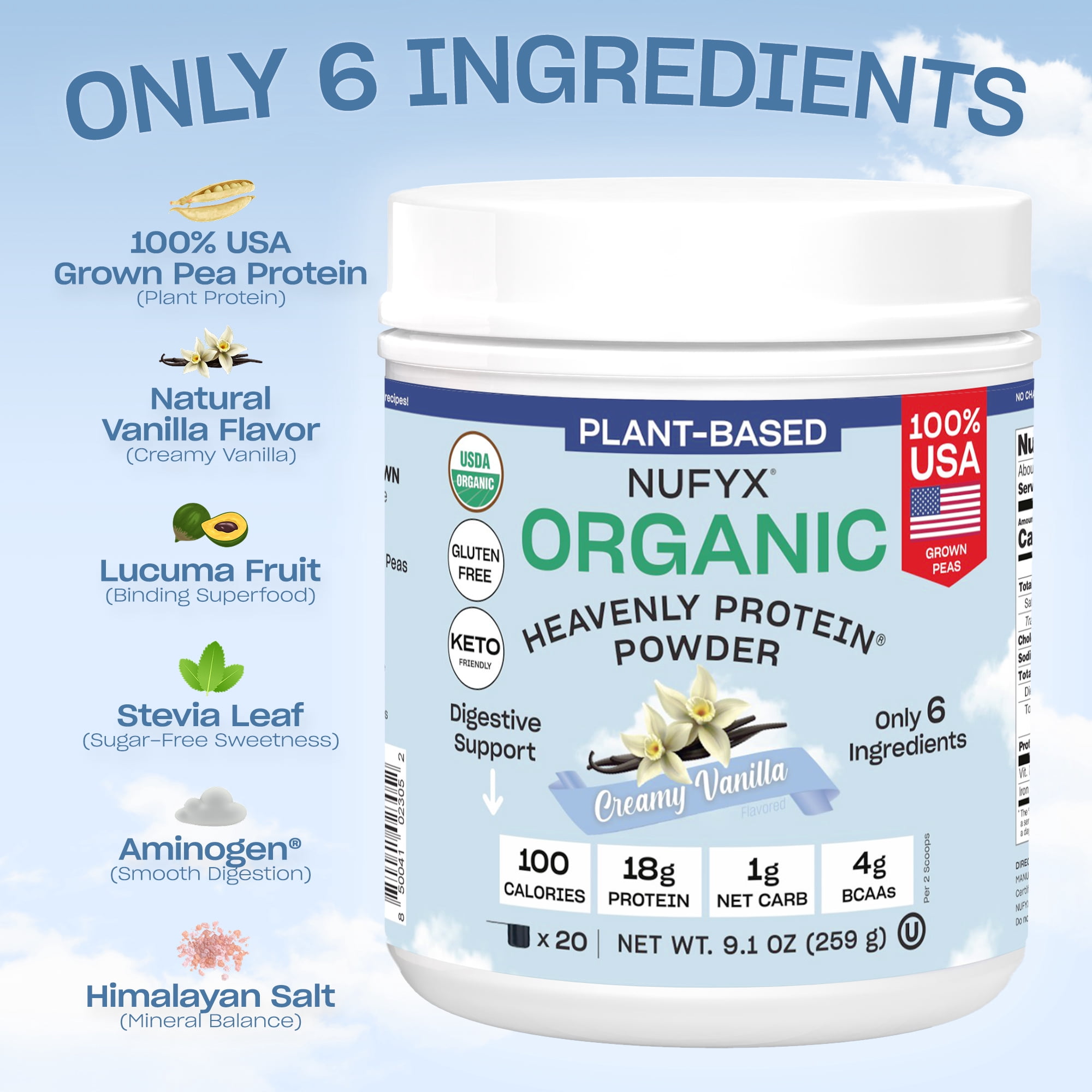 NUFYX Family Owned Organic Plant-Based Protein, Creamy Vanilla, 18g Protein per 100 Calories, USA Grown Peas