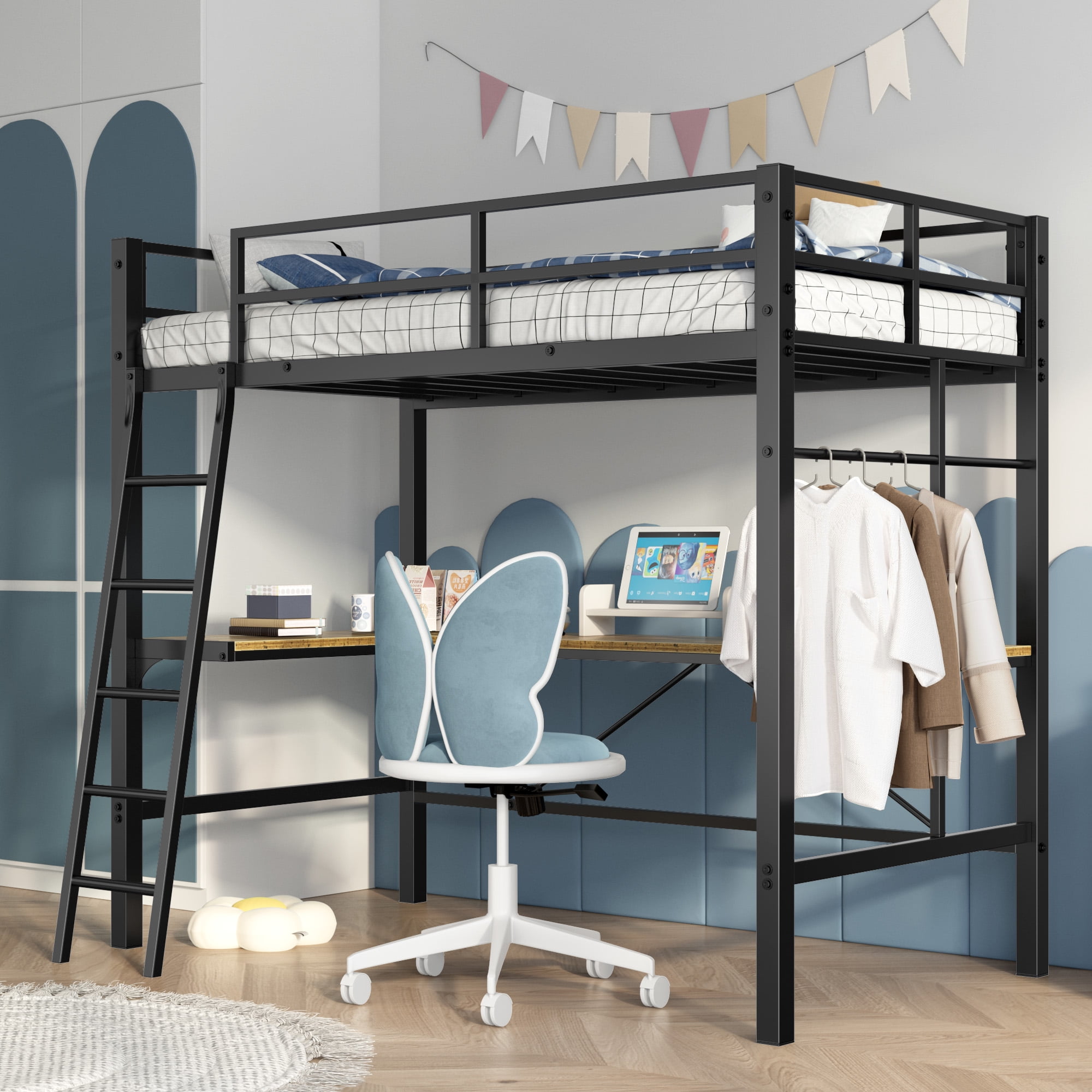Twin Loft Bed with Desk, Metal Loft Bed Frame with Ladder and Charging Station, Full-Length Guardrails and Sloped Staircase, 400 Lbs Capacity, No Box Spring Needed for Kids Bedroom, Black