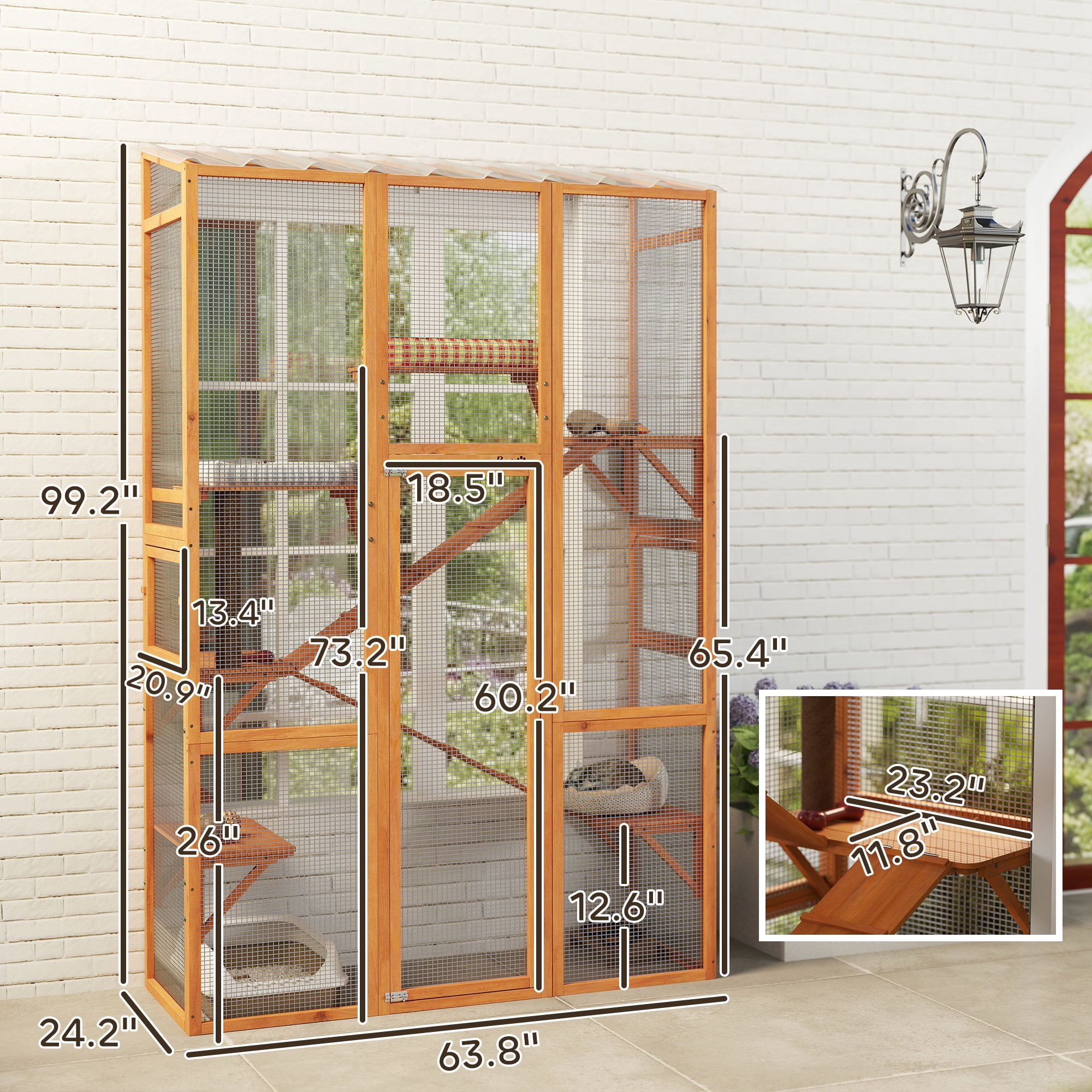 PawHut Outdoor Catio Cat Enclosure, Large Wooden Cat House with 6 Jumping Platforms, Scratching Post, 2 Ramps, Waterproof Roof, for 2-3 Kittens