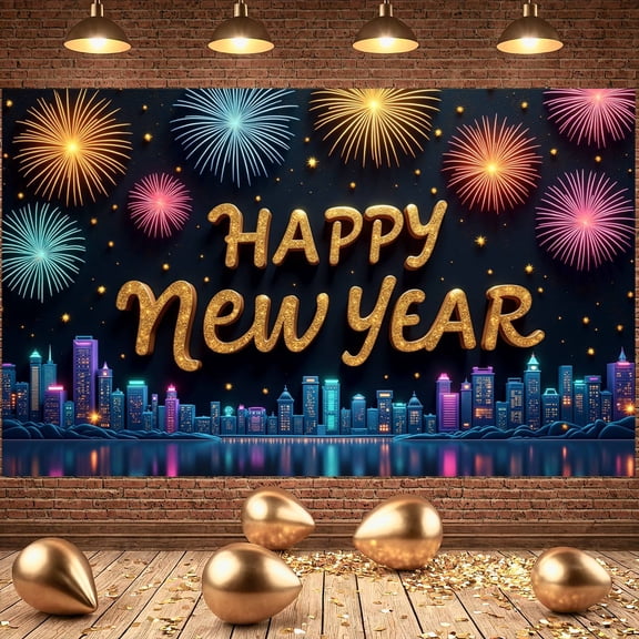 Golden Glitter Happy New Year Banner Colorful Fireworks New Year Display City Skyline Dark Background Festive Backdrop for New Year Party Holiday Celebration New Year Eve Event