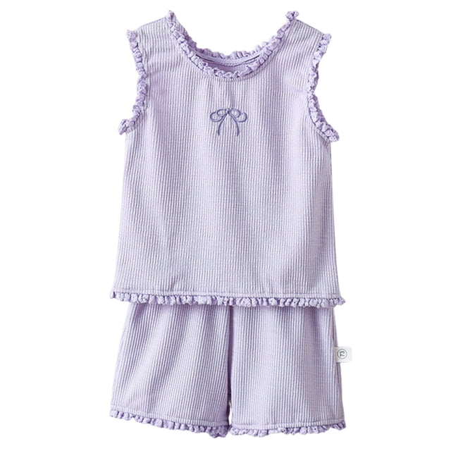 Nwiuh Toddler Girl Clothes 6M 1T 2T 3T 4T 5T Baby Summer Outfit Ribbed Knit Ruffle Sleeveless Shirts Ruffled Shorts Set (Light Purple, 4-5 Years)