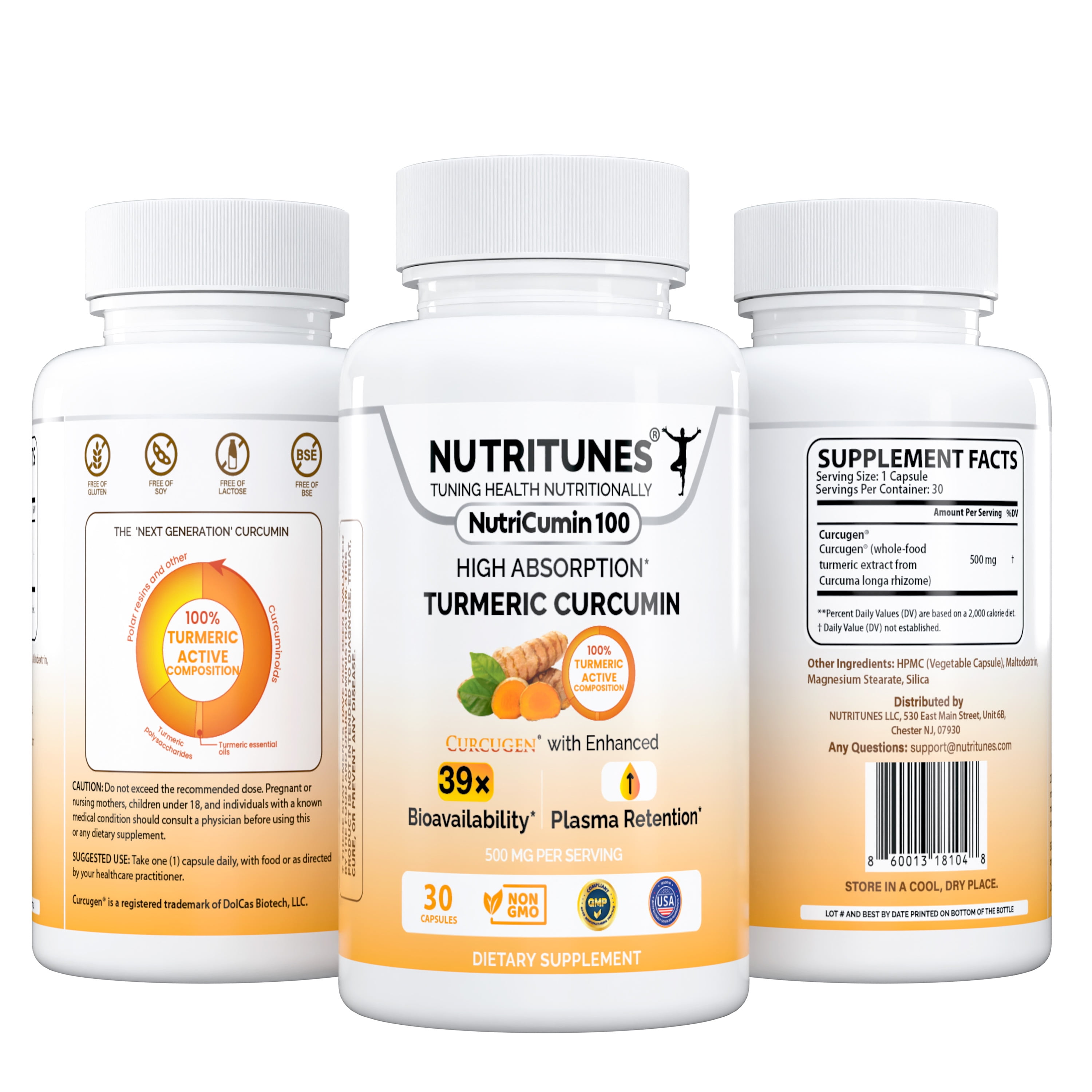 Turmeric Curcumin Supplement for Joint, Gut & Mood Support–39X Absorption – 100% Turmeric Matrix – Vegan, Non-GMO, Clean Label – 500mg – 30 NutriCumin 100 Capsules