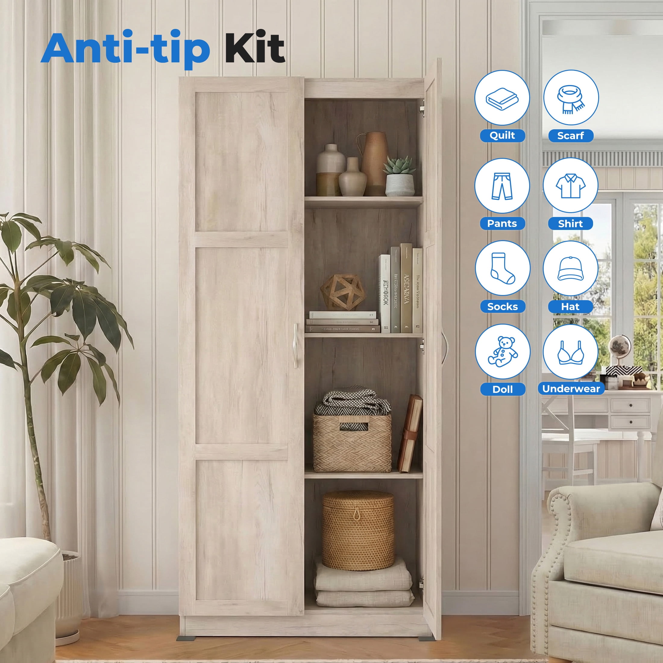 CONCETTA 71 inch Wooden Storage Cabinet, Freestanding Cupboard, 4-Tier Home Organizer for Kitchen, Living Room, Bedroom, Pantry, Beige