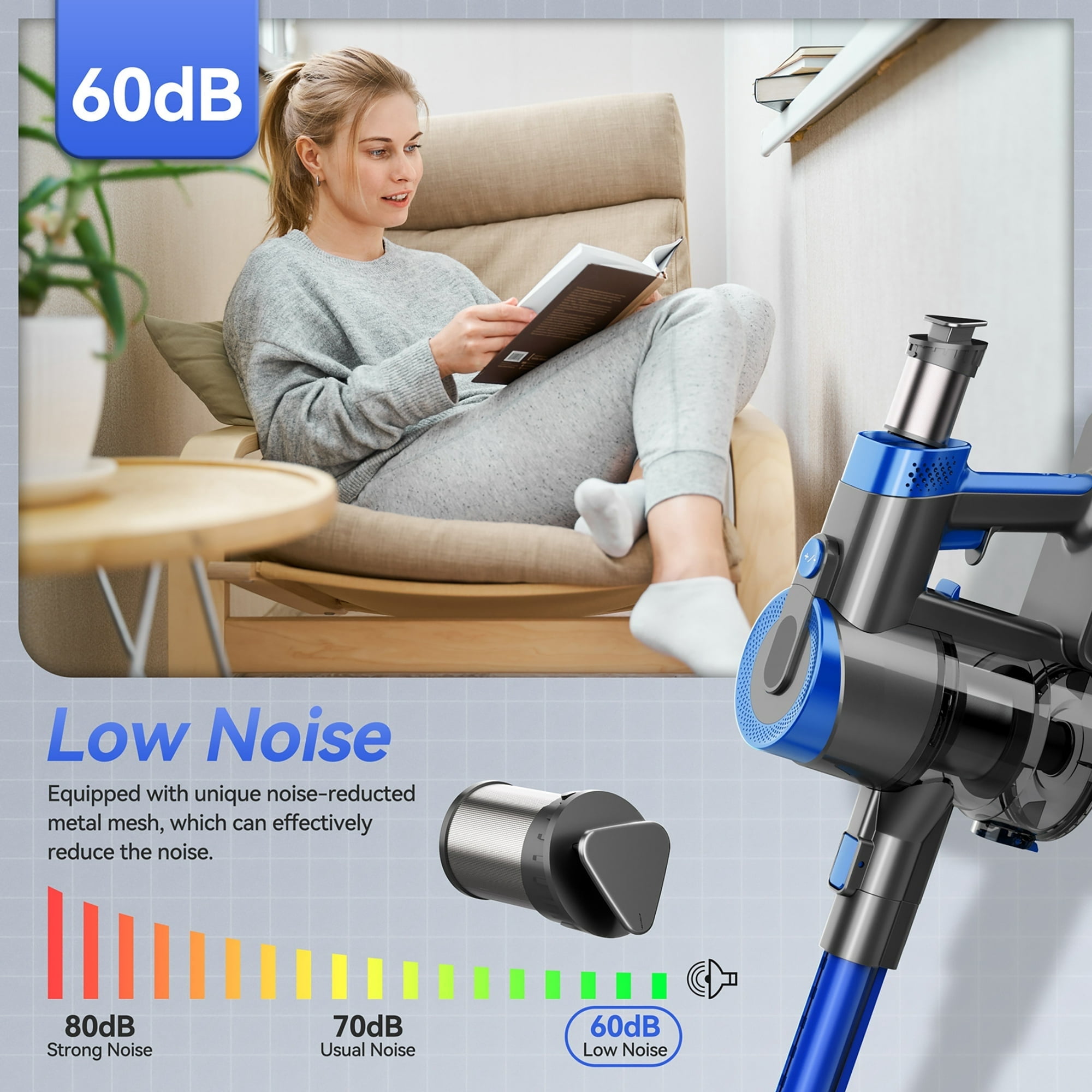 Cordless Vacuum Cleaner, 350W 30Kpa 45 Mins Runtime Powerful Stick Vacuum, 6 in 1 Handheld Vacuum for Home Pet Hair Carpet Hard Floor V90 (Blue)
