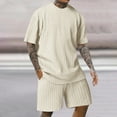thumbnail image 2 of VBTAPA Mens Summer 2 Piece Outfits Solid Color Knitting Cotton T Shirt and Shorts Set Loose Comfy Lounge Track Suit Sets with Pockets Beige S, 2 of 7
