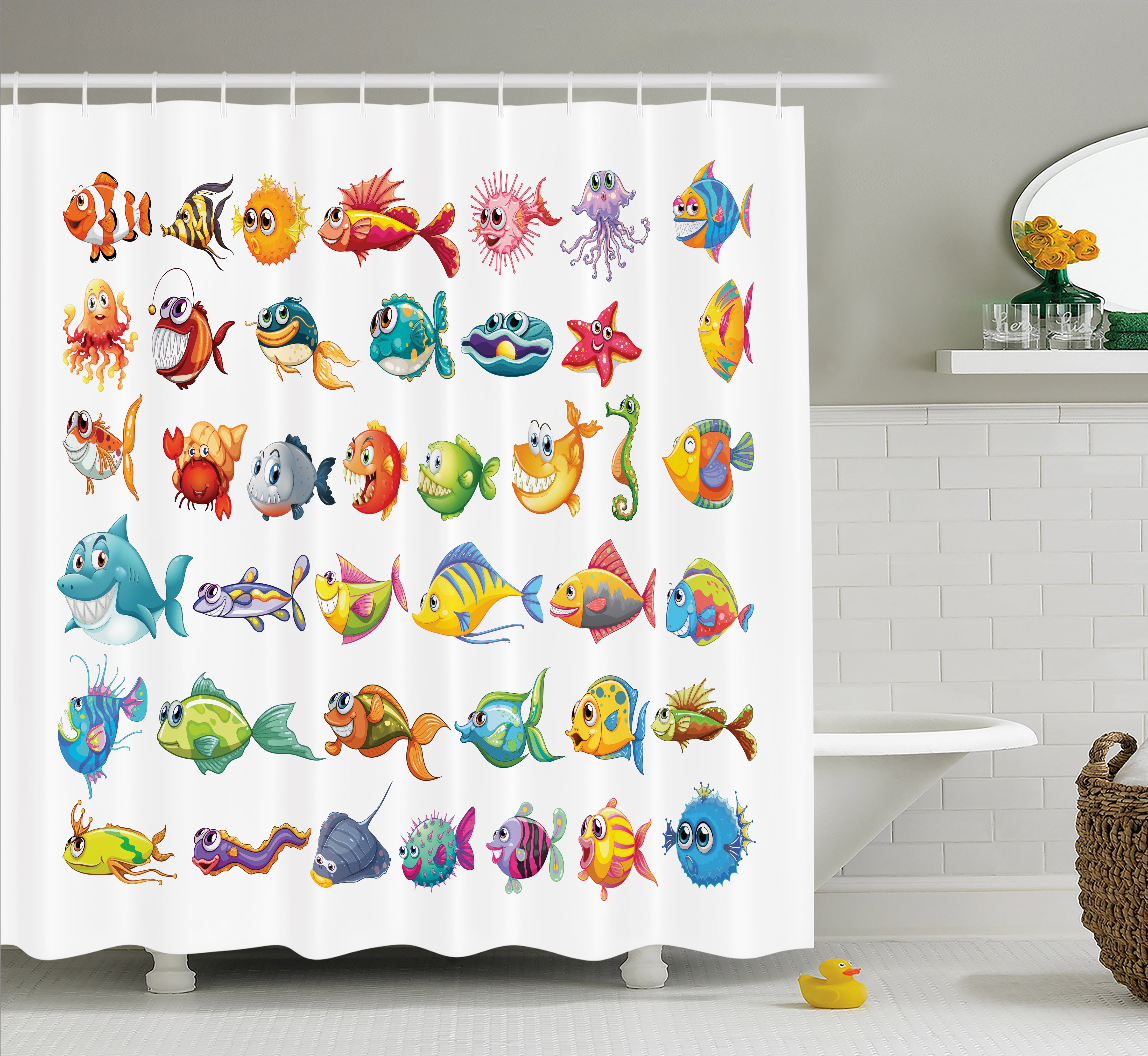 Fish Shower Curtain, Collection of Sea Creatures Cartoon Style Vivid