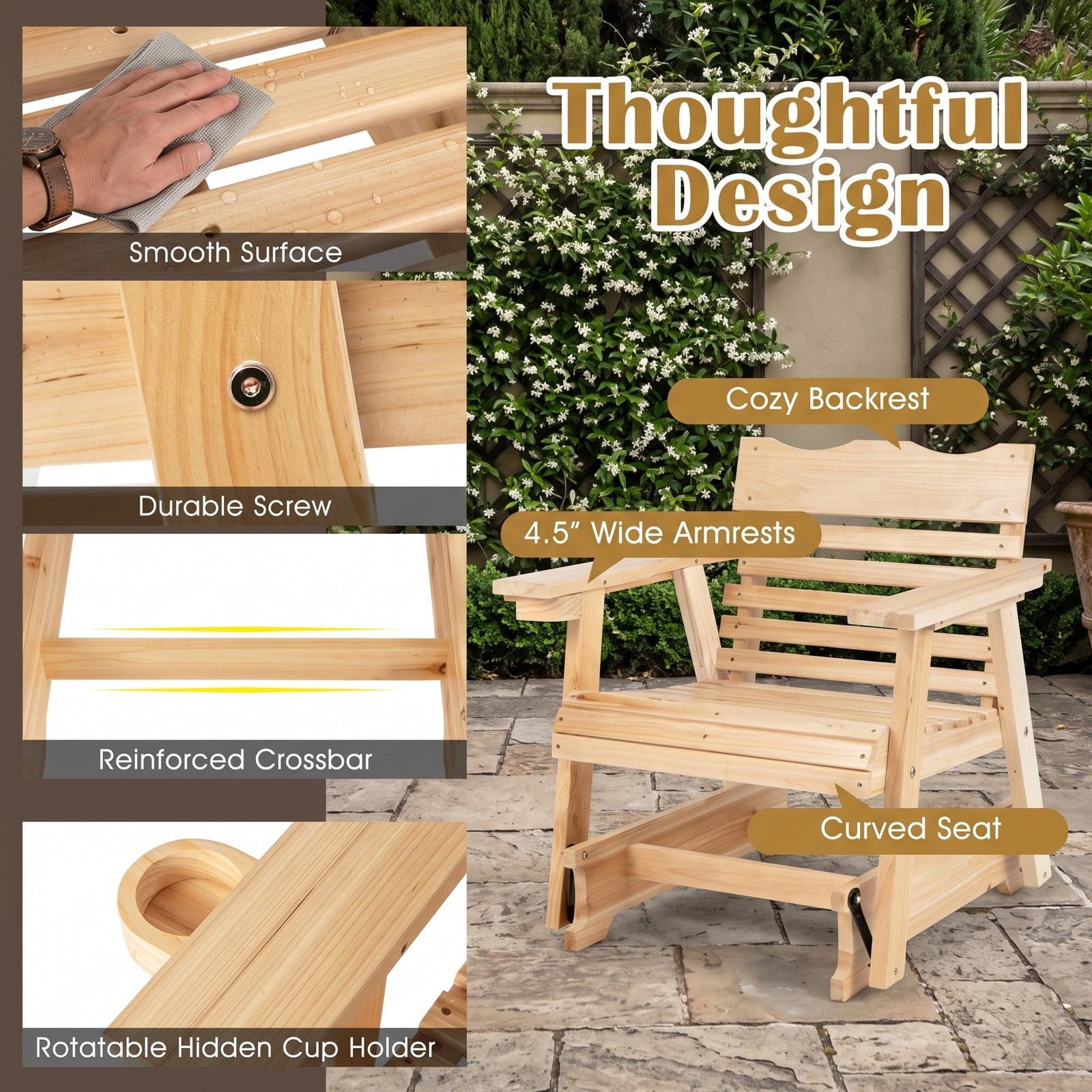 Furnibear Outdoor Wood Rocking Chair with High Back and Widened Armrests for Patio, Front Porch, Deck and Backyard, Natural