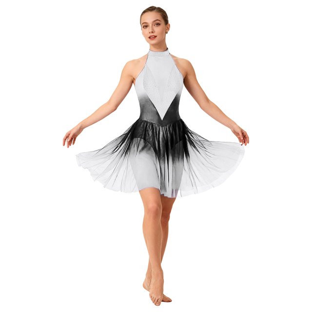 dPois Robe de Danse Lyrique Sans Manches à Strass Brillants pour Femmes, Dégradé de Couleur, Robe de Danse Moderne en Maille, Blanc Noir G