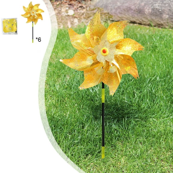 YOHAVEN Reflective Garden Windmills 6pcs Sparkling Pinwheels with Stakes for Outdoor Lawn Patio Orchard Yard Bird Deterrent Decorative Christmas Party Decor