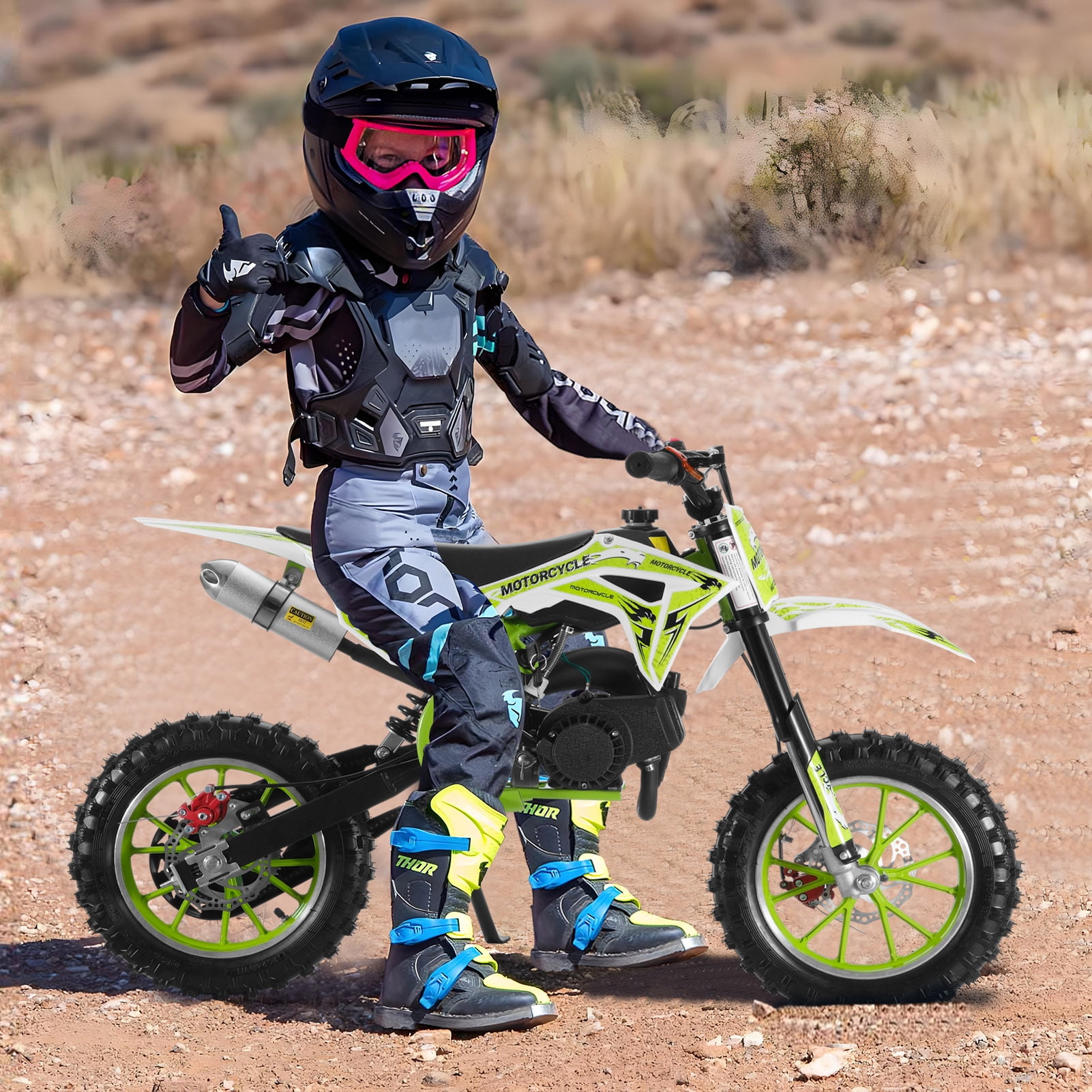 Trendix 49cc 2-Stroke Kids Dirt Bike, Off Road Mini Motorcycle, Pull to Start, One Click Start Switch Gas Power Motocross, Children Pocket Motorbike with Front Rear Disc Brakes (Green)
