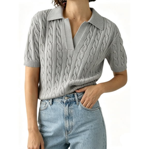 Short Sleeved Women Solid Color Lapel V Neck Casual Knit Cable Pullver Sweater