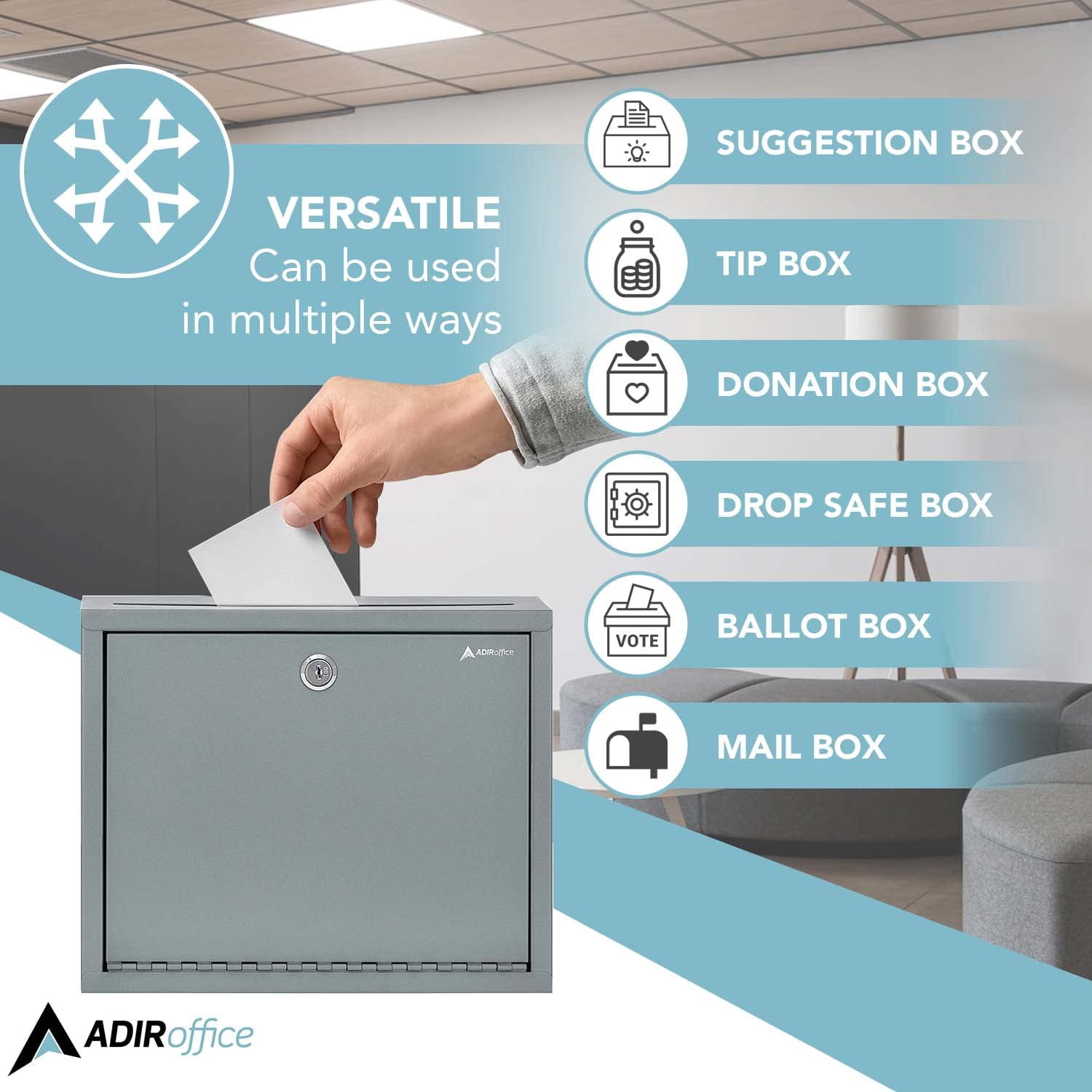 Adir Metal Suggestion Box with Lock and Slot, Wall Mount Deposit Box for Payments and Checks, Mailbox for house, Safe Drop Box with Keys - 3x10x12 Inch Gray