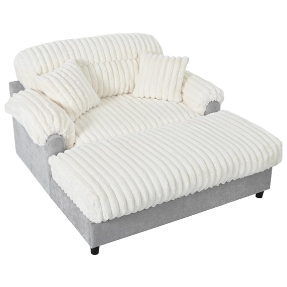 65" W Oversized Faux Fur Upholstered Chaise Lounge with 2 Matching Pillow, Beige