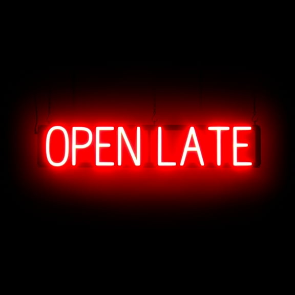 SpellBrite OPEN LATE LED Sign for Business. 33.0" x 6.3" Red OPEN LATE Sign Has Neon Sign Look With Energy Efficient LED Light Source. Visible from 500 Feet, 8 Animation Settings.