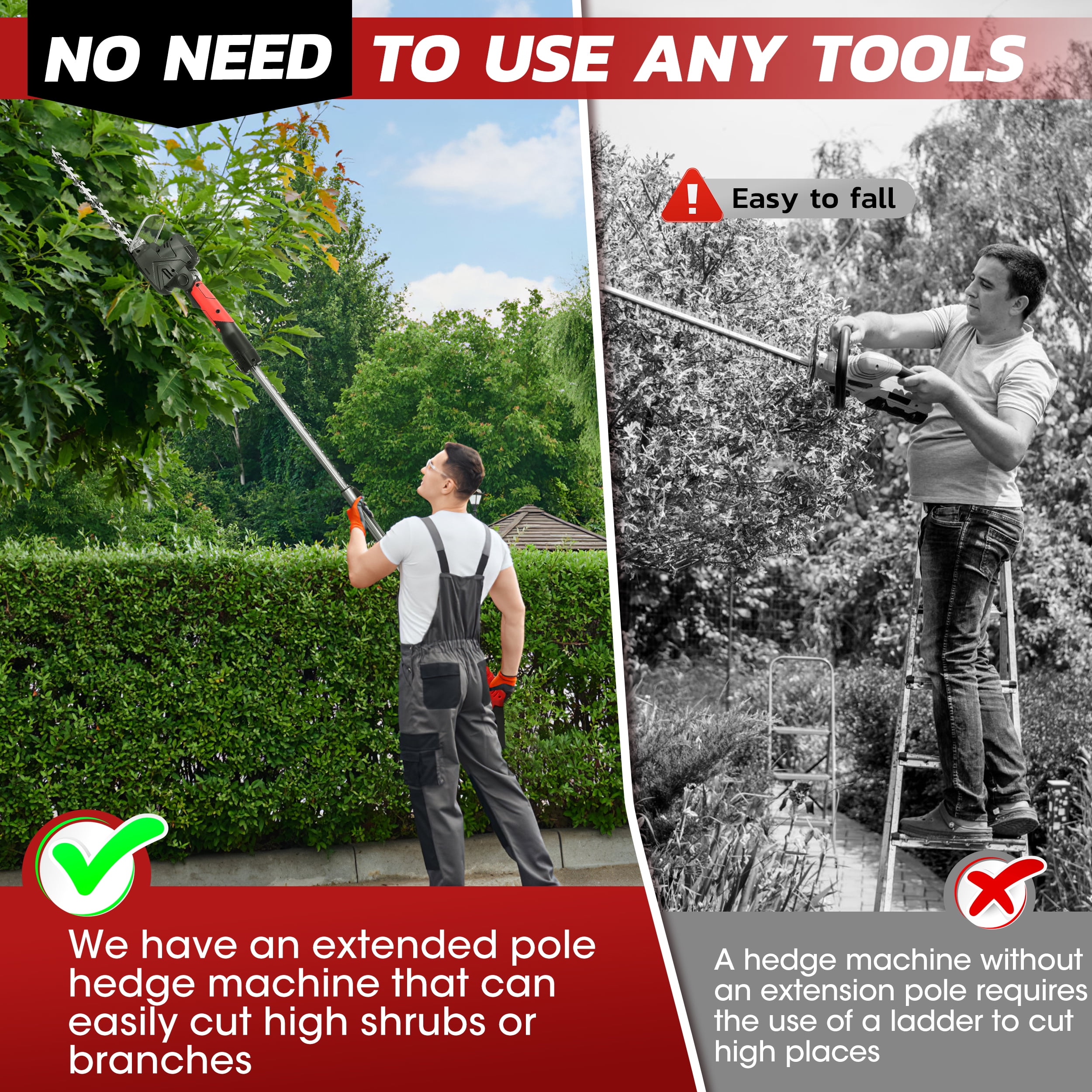 RELOIVE  4-in-1 Telescoping Pole Hedge Trimmer/Grass Shear/Shrub Trimmer/Grass Trimmer with 2.0 Ah Battery,12V (Red)