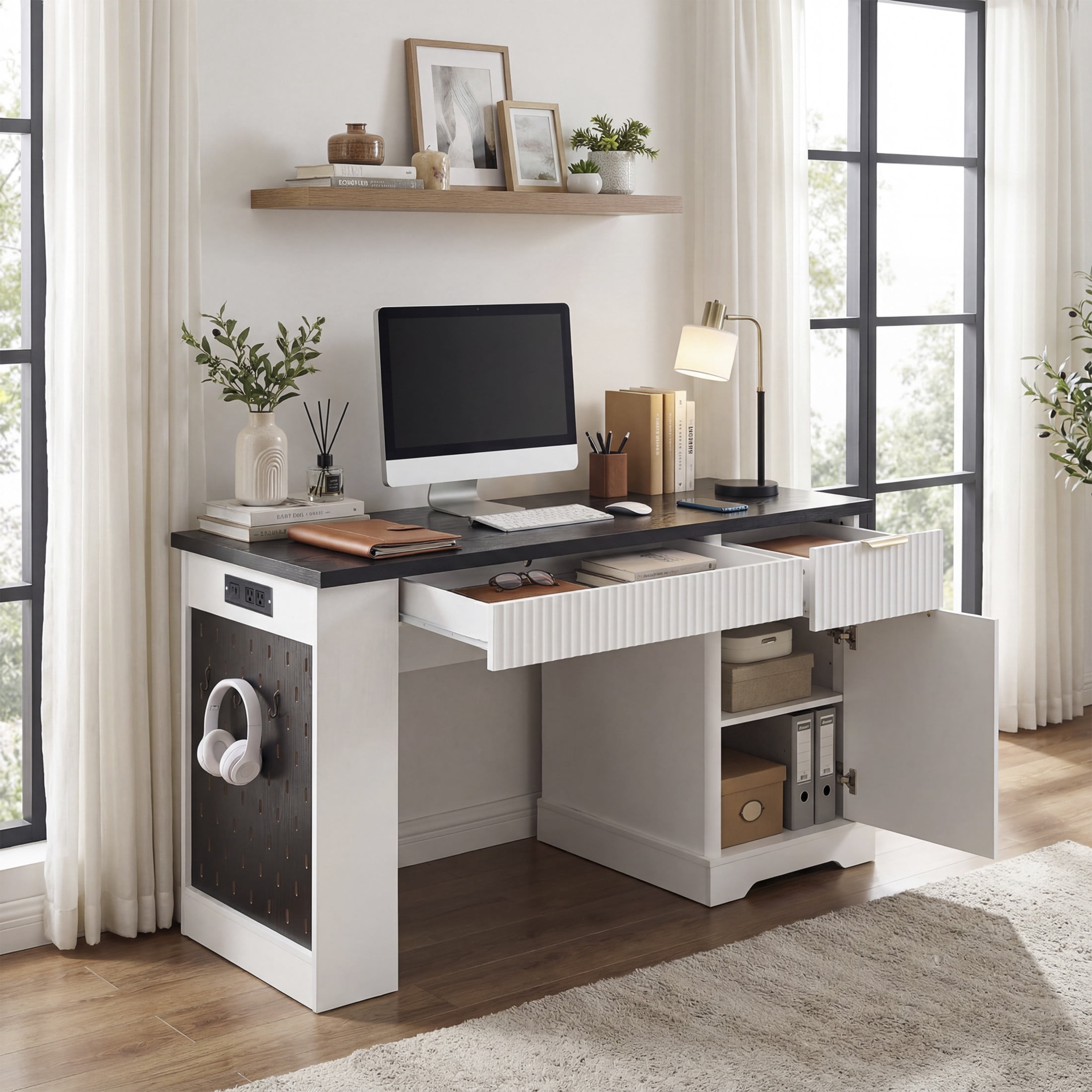 Noble House 55" Fluted Office Desk with Storage Cabinet, Keyboard Tray, Pegboard and Power Outlet, White