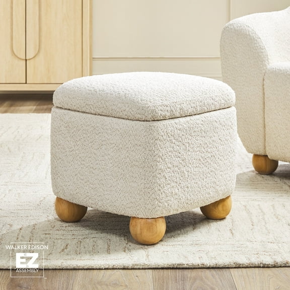 Walker Edison Contemporary Bouclé Easy Assembly Small Storage Ottoman, Ivory