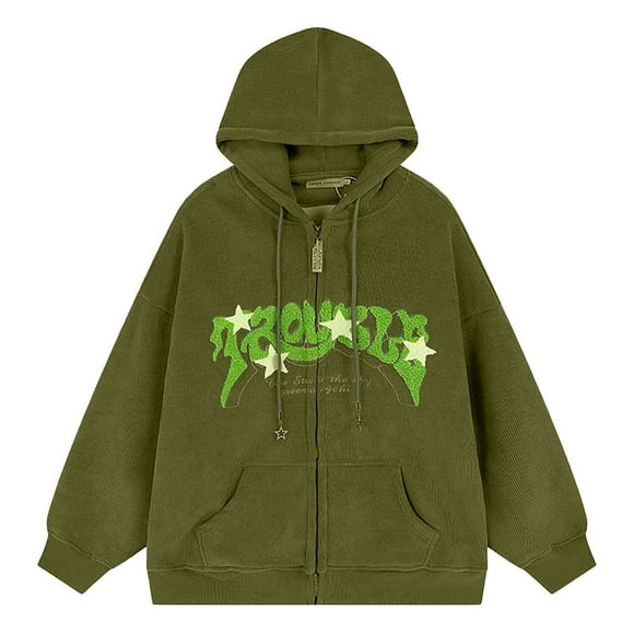 Women Solid Embroidery Hooded Sweatshirt Zipper Split Long Sleeve Hoodie Top