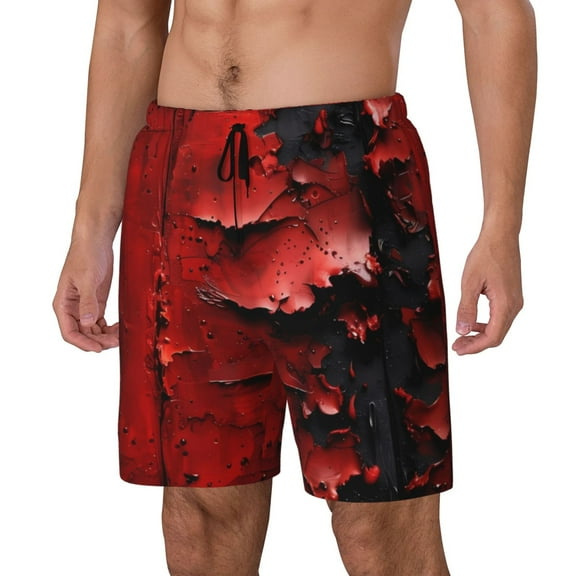 Rateoe Abstract Red Textured Canvas Pattern Men’s Swim Shorts with Compression Liner – Double-Layered Quick-Dry Swimwear, Comfortable & Stretchy Beach Shorts-Small