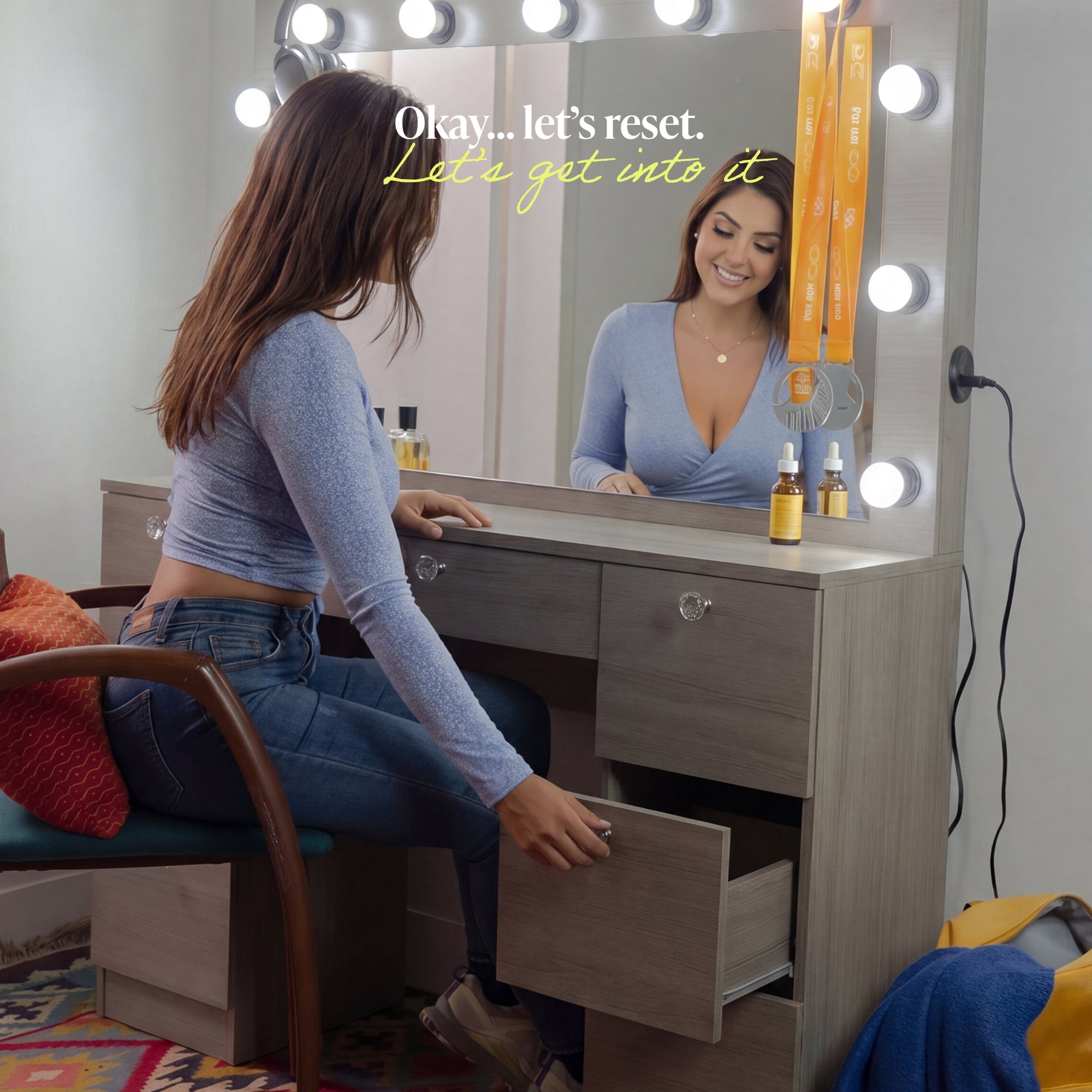 Boahaus Freya Vanity Desk with Mirror Lights and Power Outlet - 7 Drawer Makeup Table