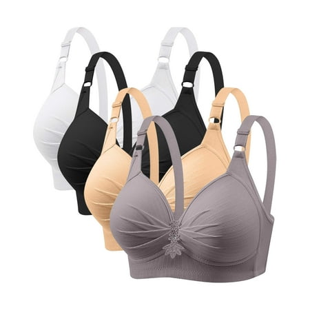 GERsome Pack of 4 Assorted Color Comfortable Full Coverage Bra for Women Wireless Bras with Soft Support Plus Size Everyday Bras 4PC#Black/Beige/Gray/White L
