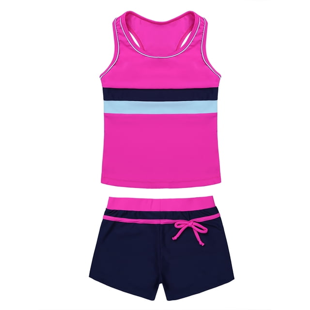 RUNQHUI Big Girls' Summer Two-Pieces Tankini Swimwear Rack Back Top with Boyshort Sets Rose 6
