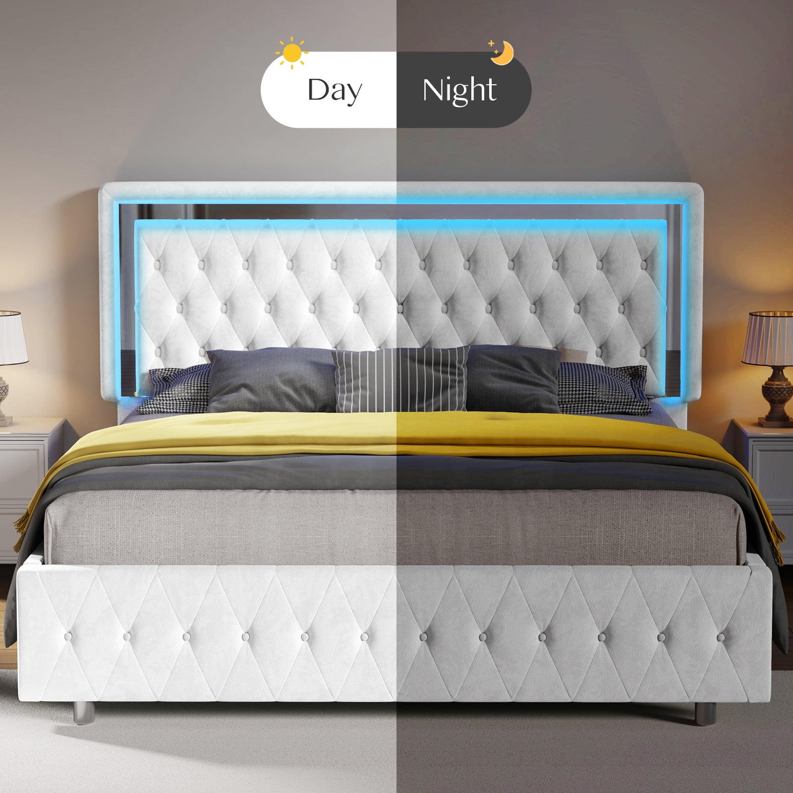 Merluxy Full Size Bed Frame with Led Lights Headboard,Acrylic Mirror Accents,No Box Spring Needed,Velvet White