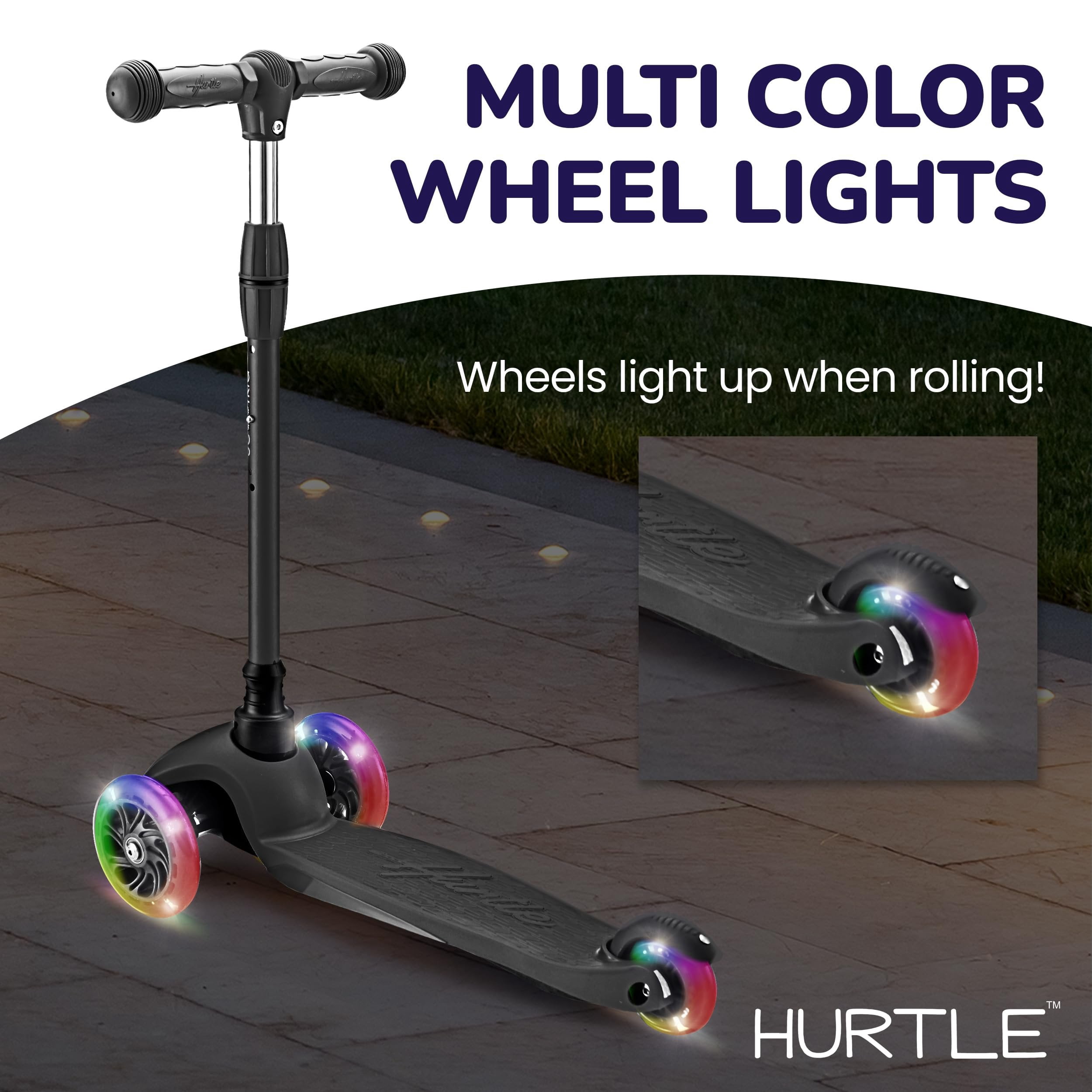 Hurtle Mini Kickboard Scooter for Kids - Height Adjustable 25''-28'', Lightweight 3-Wheels with LED Light-up, Anti-Slip,Indoor/Outdoor Fun, Micro-Scooter for Ages 2-5