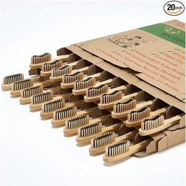 20 Count Bamboo Toothbrushes (Soft Medium), Natural Wood Toothbrushes Bulk, Eco-Friendly, BPA Free, Biodegradable & Compostable Charcoal Wooden - Reusable Travel Toothbrushes