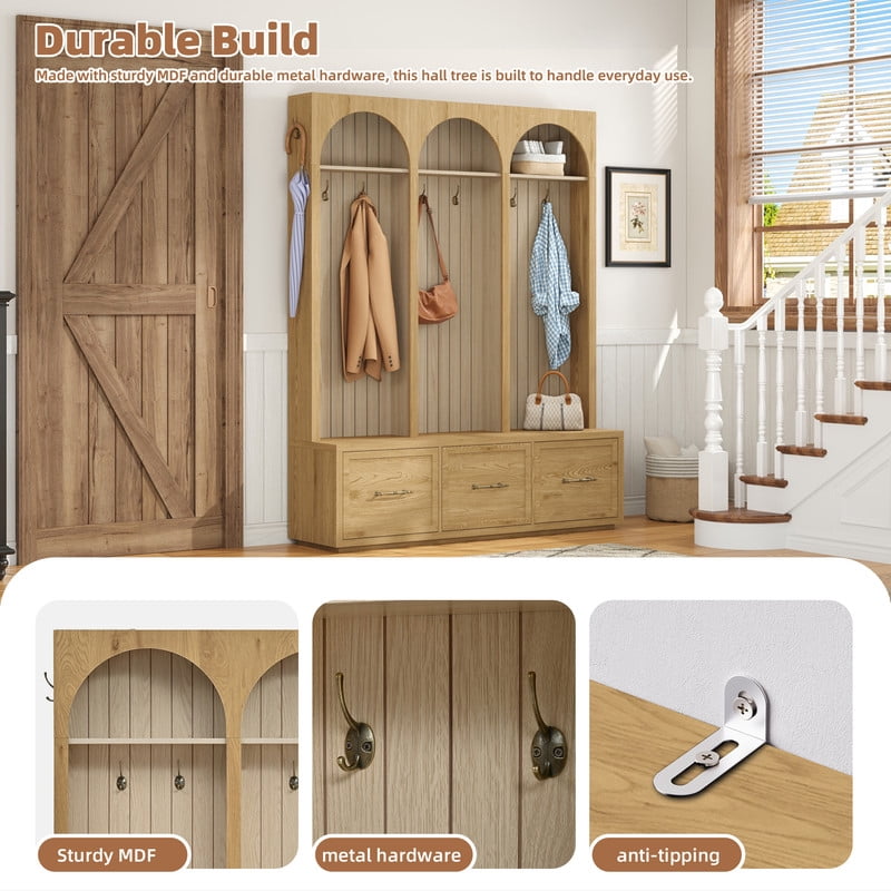 Farmhouse Arched Design Hall Tree with Retro Hooks, Entryway Seating Bench with 3 Storage Drawers, Elegant Coat Rack for Living Room