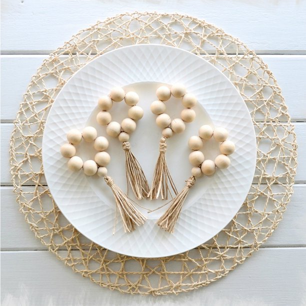 Servilleteros con cuentas de madera, guirnalda con borlas, cuentas de granja, servilletero de mesa de campo rústico, decoración del hogar para bodas y vacaciones LingWen 8390612798108