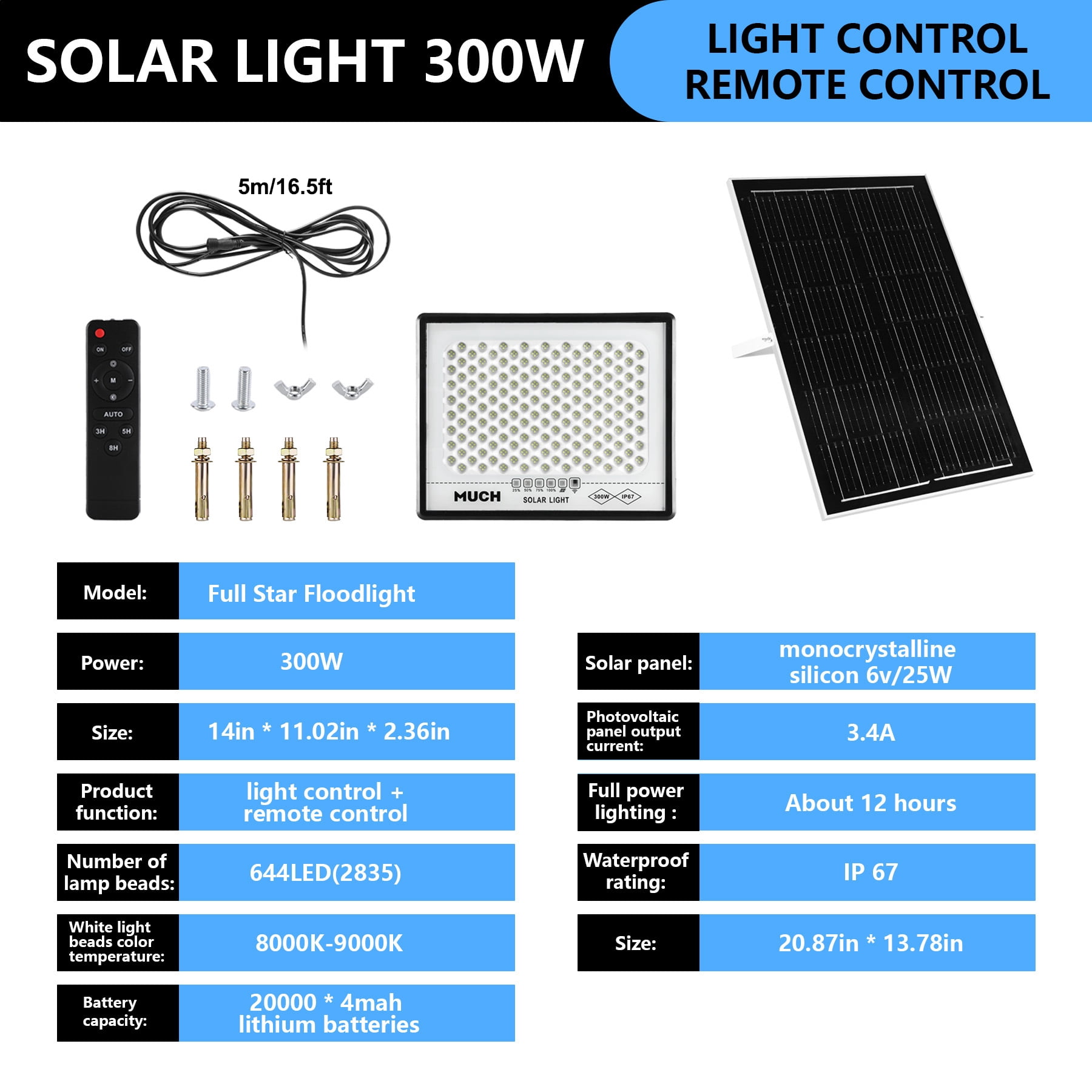 MUCH 300W LED Solar Flood Lights, 65000Lm 644 LED Outdoor Spot Lamp,IP67 Dusk to Dawn with Remote Control Security Lighting for Yard, Garden,Swimming Pool, Pathway, Basketball Court