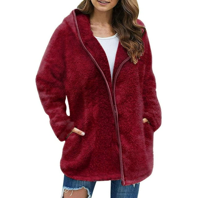 Winter Coats for Womens Plus Size Fleece Jacket Long Sleeve Hooded Cardigan Sweatshirts Open Front Lapel Outerwears