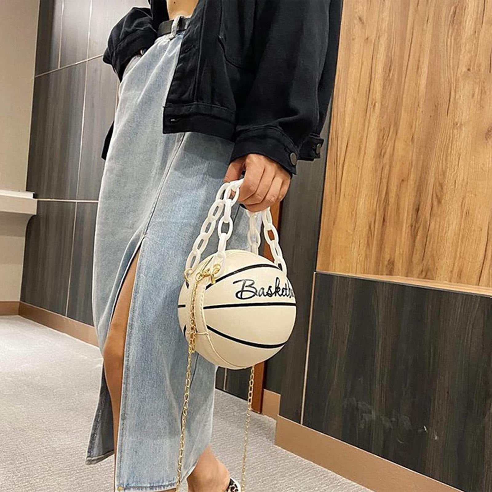 Faraee Basketball Shaped Cross Body Bag Leather Round Handbag Messenger Shoulder Purse with Chain Strap