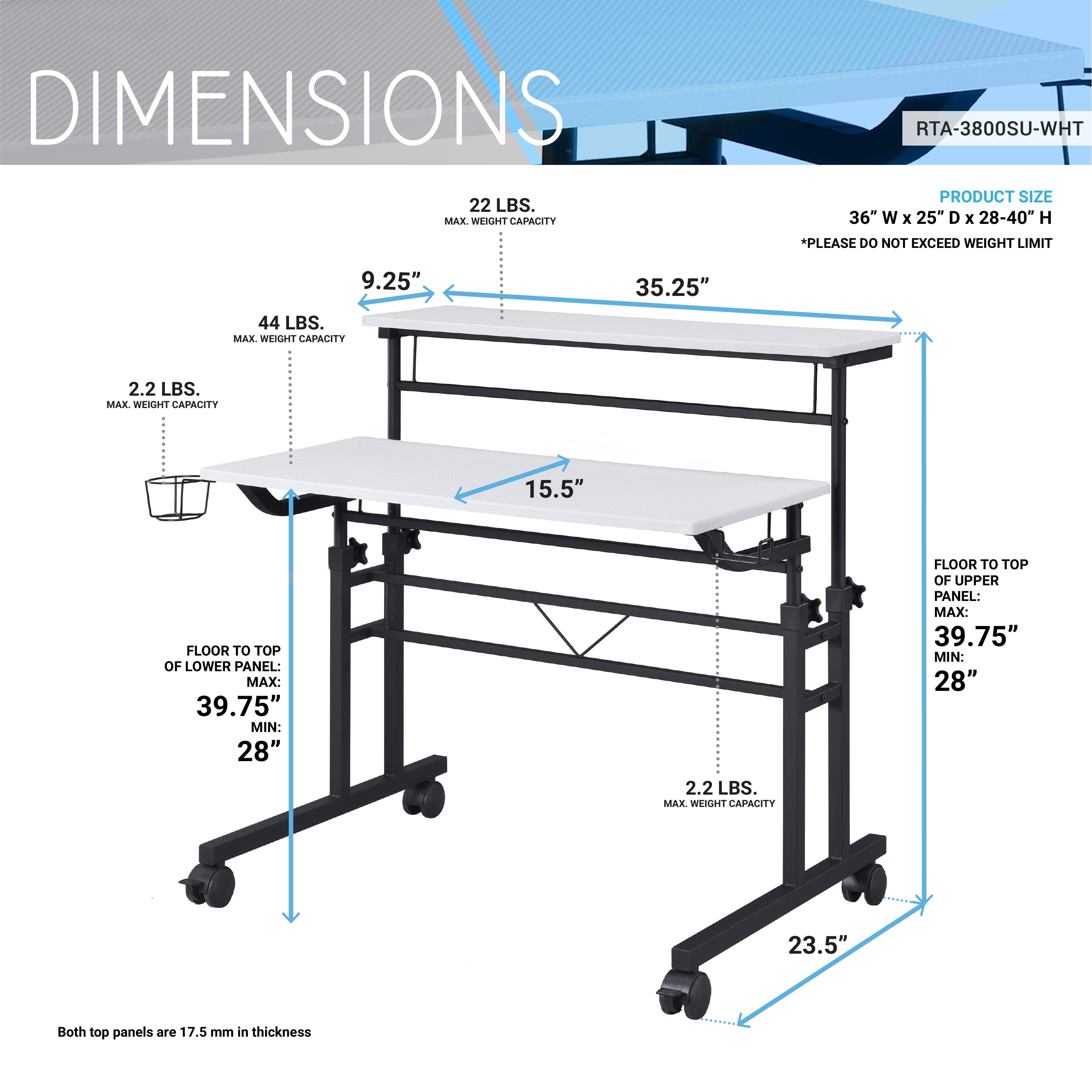 Rolling Writing Desk with Height Adjustable Desktop and Moveable Shelf, White