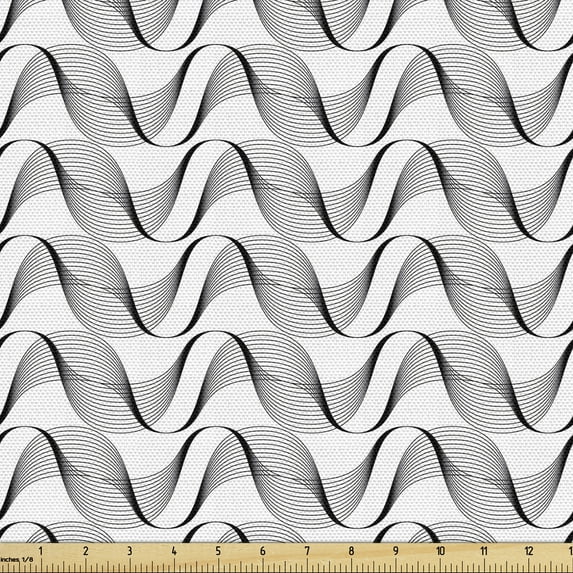 Geometric Fabric by the Yard Upholstery, Repetitive Pattern of Ornamental Curved Stripes on Plain Background, Decorative Fabric for DIY and Home Accents, White and Charcoal Grey by Ambesonne