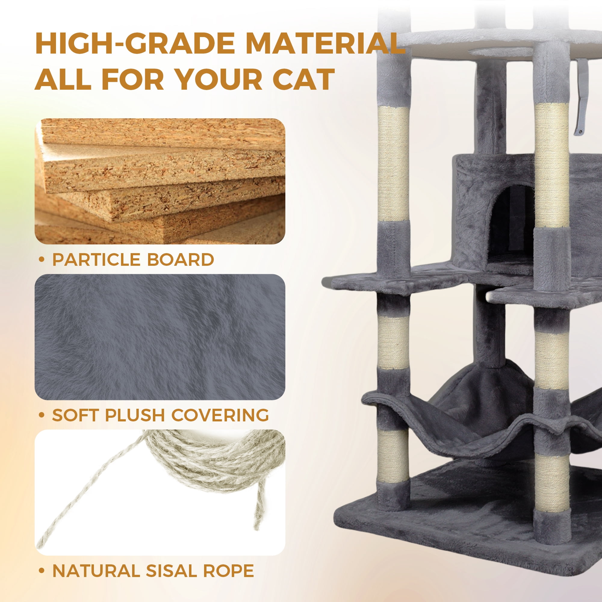 78.8in Dark Gray Cat Tree Tower with Wide Base, Large Condo, 12 Sisal Scratching Post, Big Hammock, Large Top Platform, Many Landing Perch and Interactive Toy