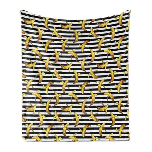Indie Soft Flannel Fleece Blanket, Pattern with Horizontal Stripes and Banana Tropical Fruits Exotic Tasty Food, Cozy Plush for Indoor and Outdoor Use, 50" x 60", Black White Yellow, by Ambesonne