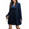 thumbnail image 1 of Vestido Elegante Retro Corto Holgado con Escote en V y Larga de Terciopelo de Color Liso para Mujer, Ropa de Moda para Otoño e Invierno. Azul Marino L, 1 of 9