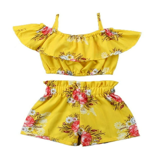 Toddler Girls Sleeveless Off Shoulder Floral Tops Shorts Pant Summer Outfits Set