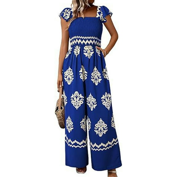 Huhudde Square Neck Smocked Elastic Waist Jumpsuit Women's Ruffle Caps Sleeve Wide Leg Long Pants Overalls Beach Vacation Romper