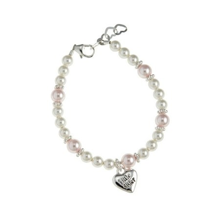 Pink And White Pearls With Little Sister Charm Bracelet Pink And White Pearls With Little Sister Charm Bracelet