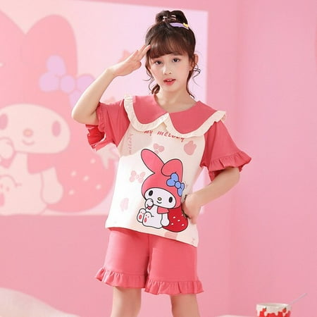 

Anime Sanrios My Melody Cinnamoroll Kuromi Girl Summer Cotton Pajama Set Kawaii Short Sleeved Shorts Home Clothing Kids Gift