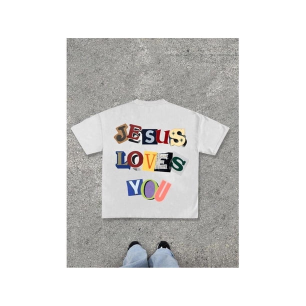 Men's Jesus Loves You Print Round Neck Tee, Regular Fit Casual Fashion Short Sleeve T-shirt for Daily Wear, Men's Top for Summer, Tropical