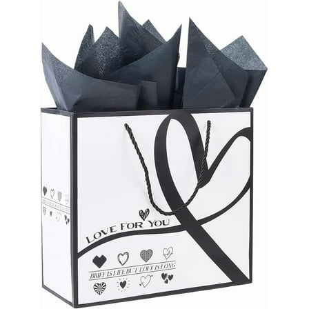 11.8 x 10.6 Inch Heart Paper Gift Bags Black and White Party Bags with Handles Tissue Printed Rectangle Shopping Wrapping Storage Paper Set