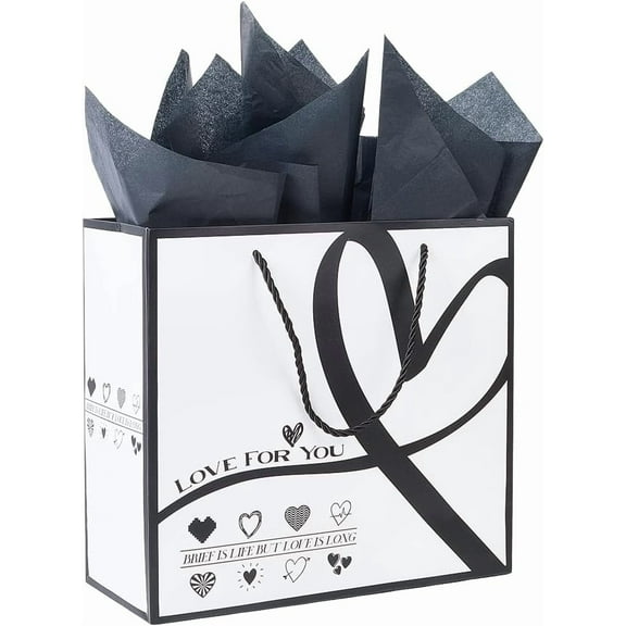 11.8 x 10.6 Inch Heart Paper Gift Bags Black and White Party Bags with Handles Tissue Printed Rectangle Shopping Wrapping Storage Paper Set