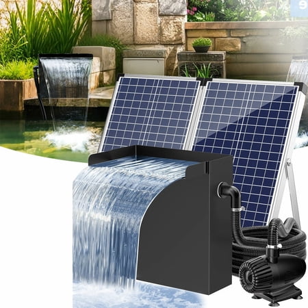 POPOSOAP 55W Solar Powered Pond Waterfall Spillway Kit with 580GPH Pump, 304 Stainless Steel Waterfall Filter Box with 9.8ft Tubing for Gardens and Ponds